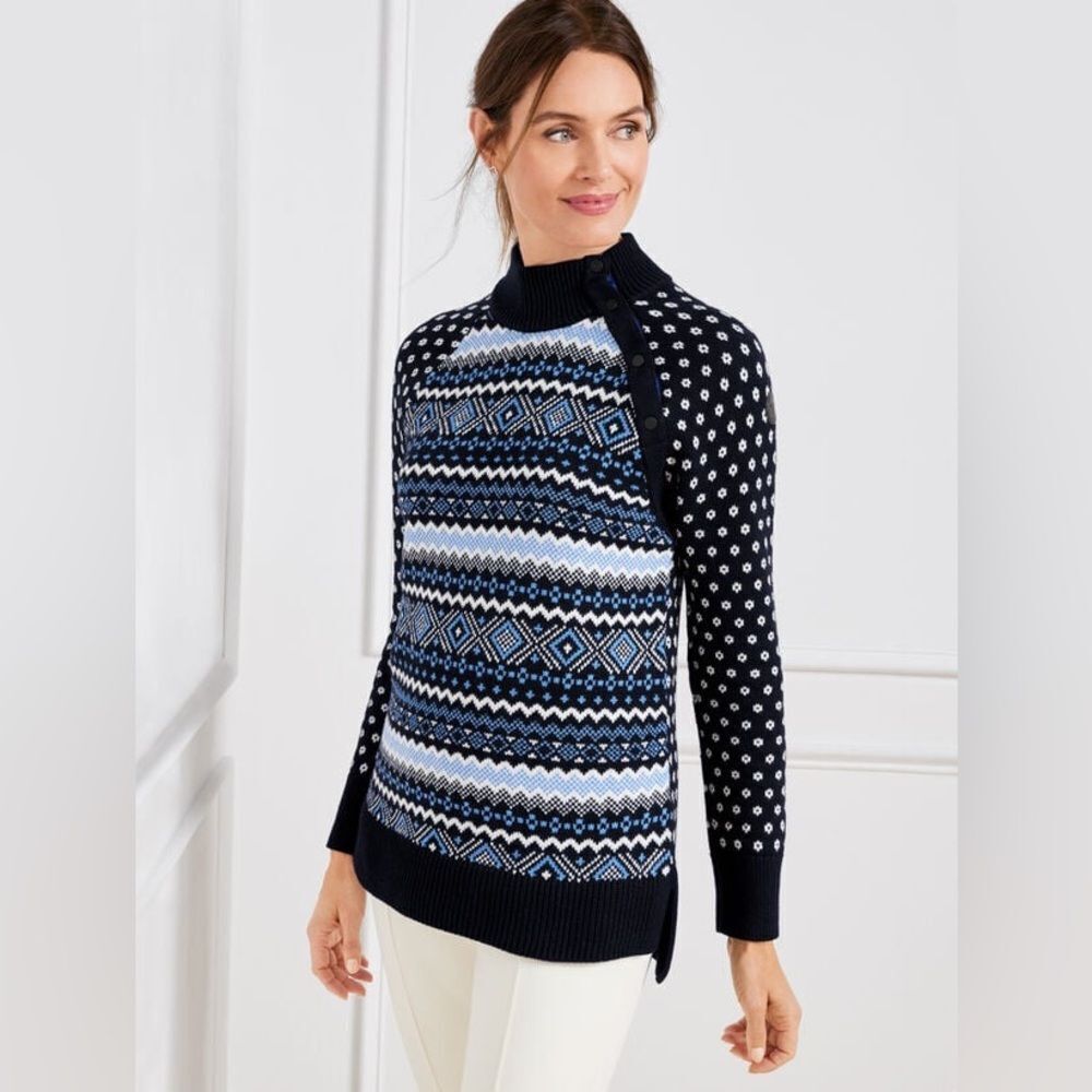 T by TALBOTS Thermolite Snap Button Mockneck Sweater Fair Isle Nordic Cozy